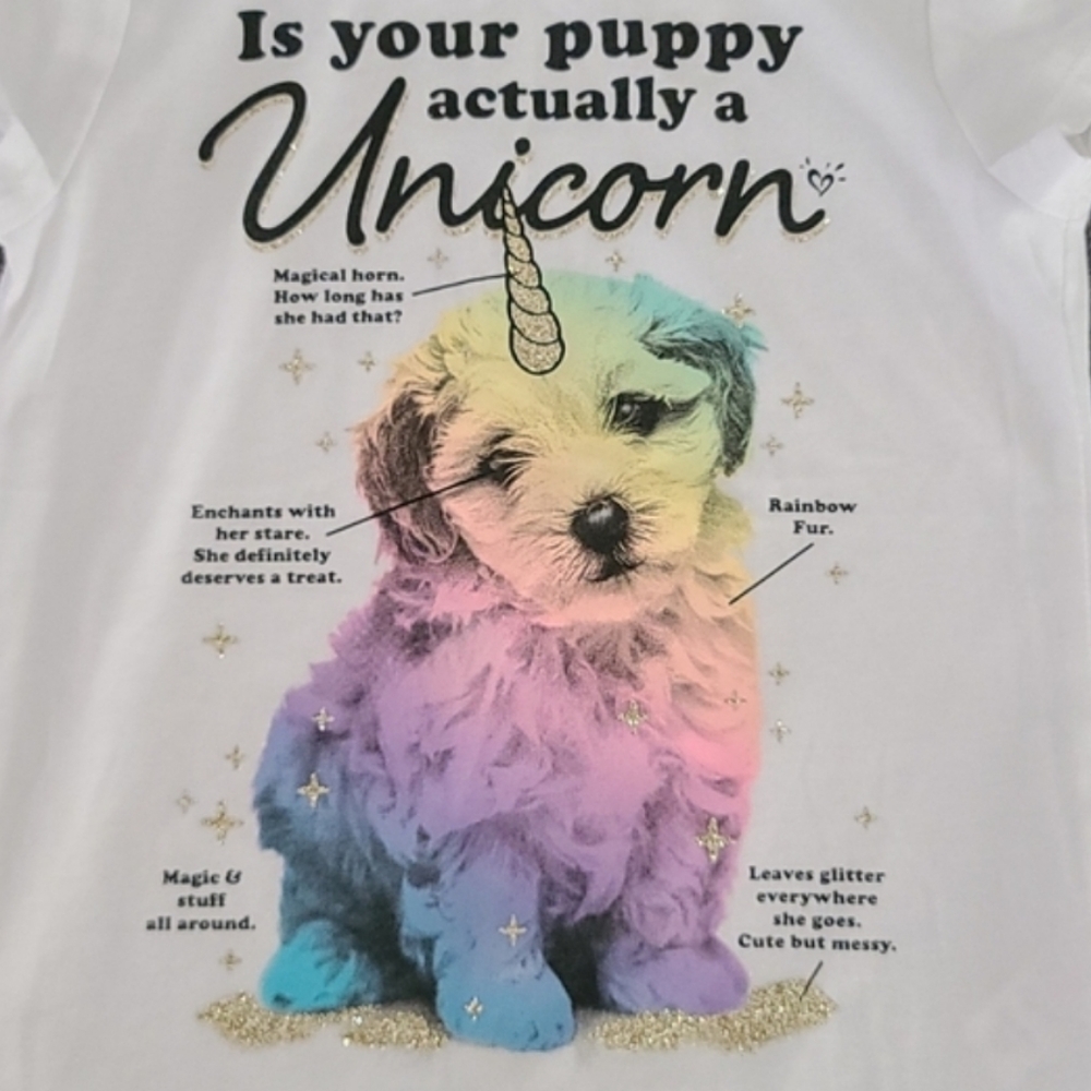 JUSTICE Is Your Puppy Actually a Unicorn Graphic Tee Girls 6 7 Glitter Rainbow - Picture 5 of 14